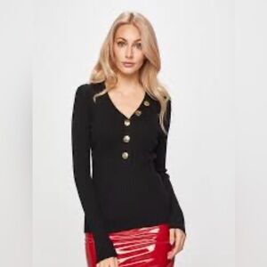 GUESS Jeans black and gold button down V-neck long sleeve pullover sweater US XS